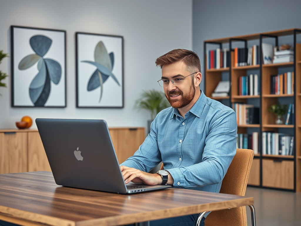 Mężczyzna w niebieskiej koszuli pracuje na laptopie w nowoczesnym biurze z książkami w tle.