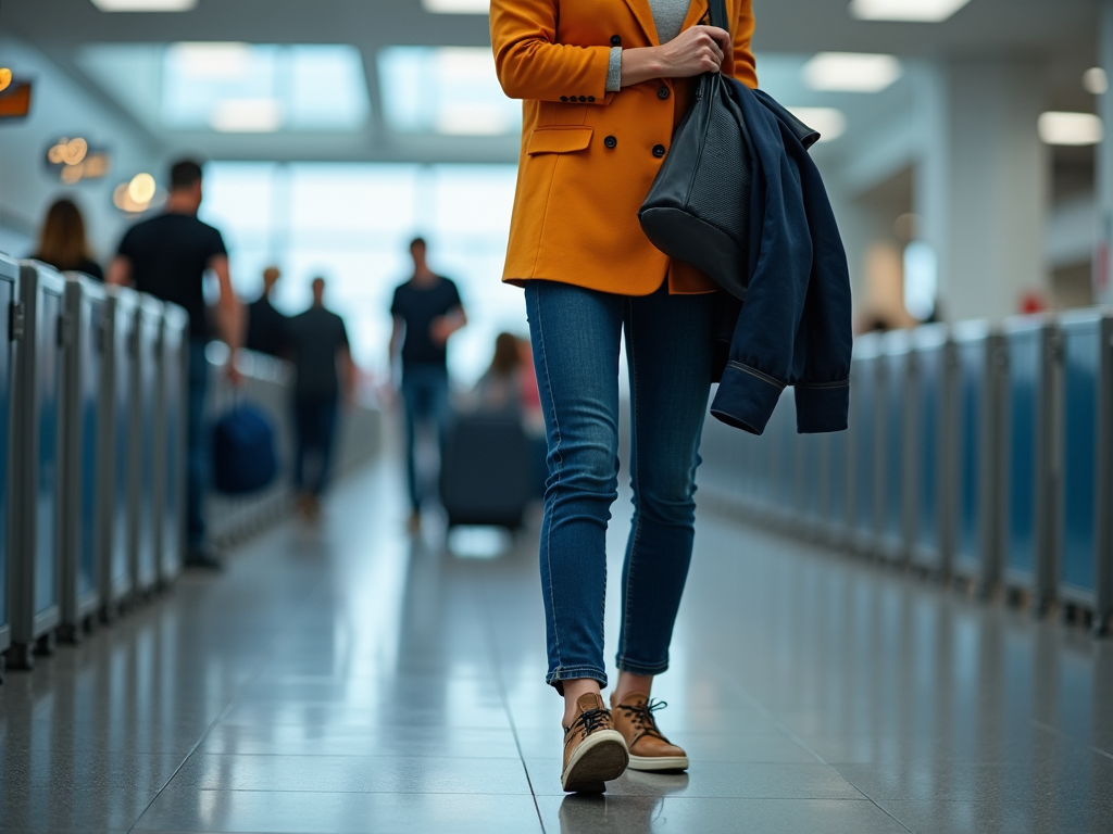 Kobieta w żółtym płaszczu i dżinsach idzie przez lotniskowy terminal.